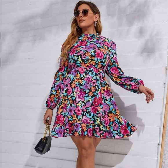 SHEIN Dresses & Skirts - NEW Shein Plus Floral Print Lantern Sleeve Ruffle Hem Dress SZ 2XL💕